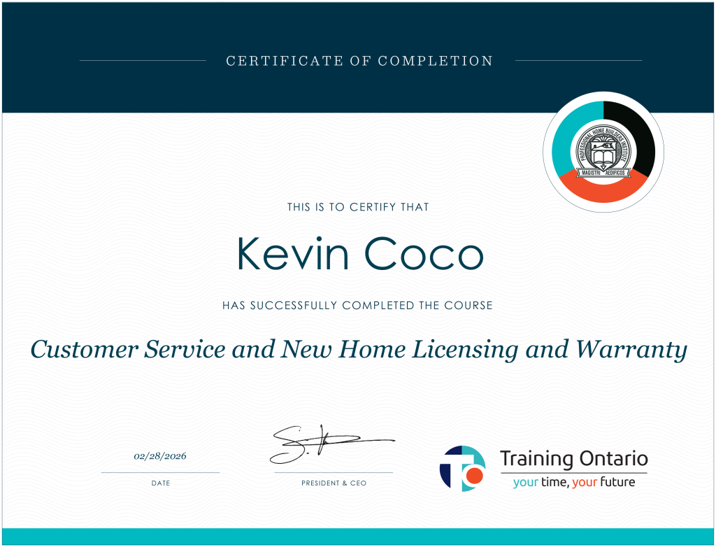 Customer Service and New Home Licensing and Warranty Certificate - Kevin Coco